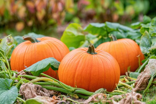 Ripe orange pumpkins nestled among green vines and dry leaves in a vibrant autumn vegetable garden, showcasing seasonal harvest in a rural setting