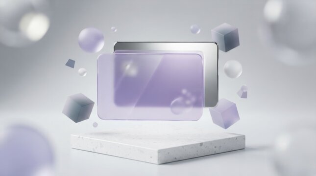 Purple glass card and metal plate floating above a stone podium for product display