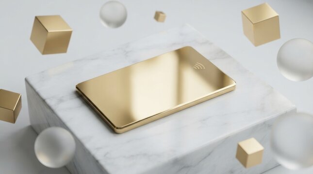 Shiny gold credit card with contactless payment symbol resting on a marble platform