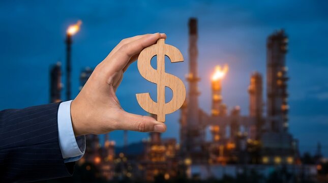 Businessman hand presenting wooden dollar symbol against backdrop of illuminated industrial oil refinery complex signifying financial investment and economic activity.