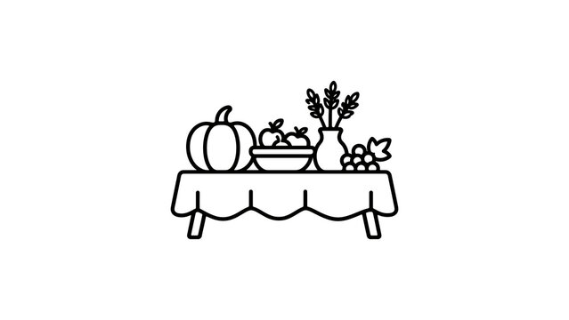 Thanksgiving dinner table outline illustration with pumpkin and fruits.