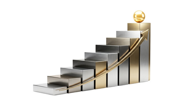 Shiny metal stair graph with golden sphere representing business growth success