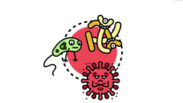Cartoon microorganisms including bacteria and a virus are featured with text promoting the importance of minimizing contact with germs to maintain good health and prevent infection