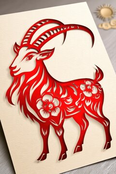 Intricate Chinese paper cut illustration of Fire Goat zodiac symbol for Lunar New Year 2027, featuring decorative floral patterns on warm ivory background
