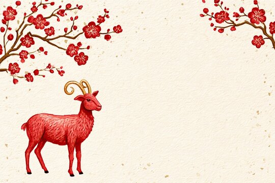 Minimalist illustration of a red Fire Sheep with golden horns on warm ivory paper background, adorned with delicate red plum blossom branches for Lunar New Year 2027