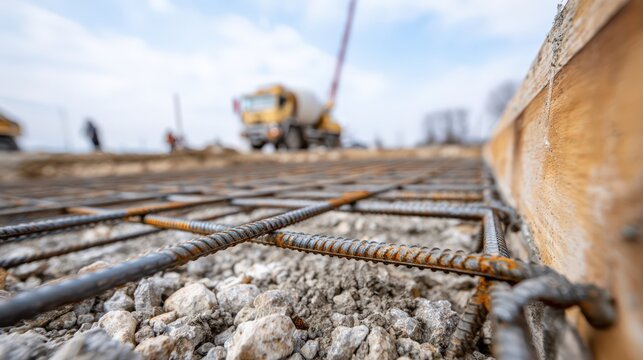 Close-up of a steel rebar grid tied with wire over gravel at a rural construction site