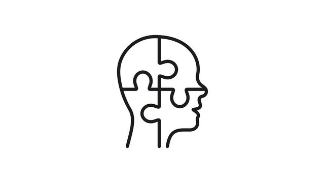 Head Puzzle Animated Icon With Alpha Channel. Mental Health, Cognitive Development, And Problem-Solving Motion Graphic. Psychology And Brain Function. On Transparent Background