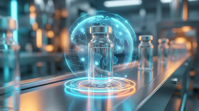 Conveyor belt carrying pharmaceutical glass vials with illuminated blue digital globe graphic highlighting global vaccine production and medical manufacturing.