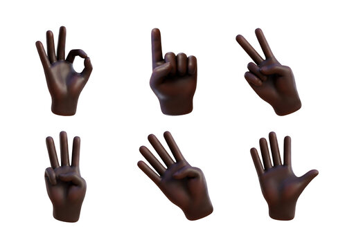 3D human hands in dark skin tones displaying gestures including counting numbers from one to five and an ok sign