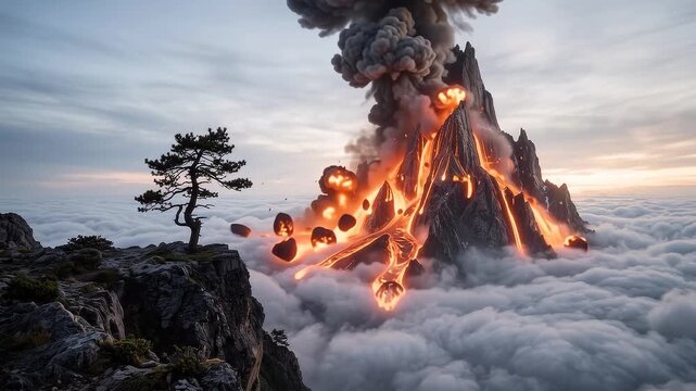 Massive mountain peak erupts with glowing orange lava above a sea of clouds near a rocky cliff with a single pine tree at sunrise