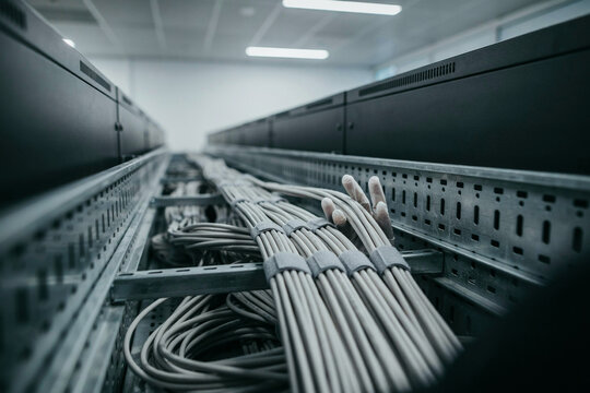 Technician organizing network cables on data center cable tray