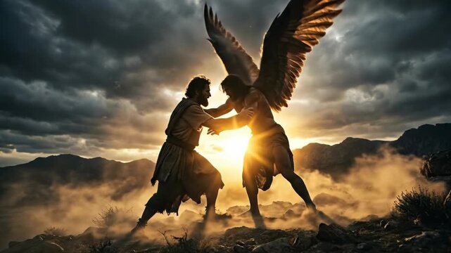 Jacob Wrestles with an Angel in a Dramatic Biblical Genesis Scene Symbolizing Faith Struggle Divine Encounter Perseverance Transformation Blessing Spiritual Conflict Covenant and Human Resilience befo