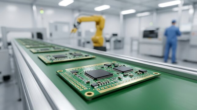 Modern electronics factory assembly line with robotic arm placing circuit boards onto conveyor belt for automated manufacturing of computer components.