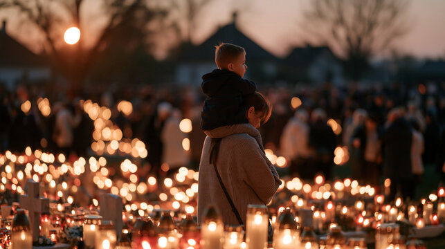 Wide view of a Ukrainian memorial cemetery with hundreds of candles burning on graves at dusk, families clustered in small groups, children carried on shoulders, emotional