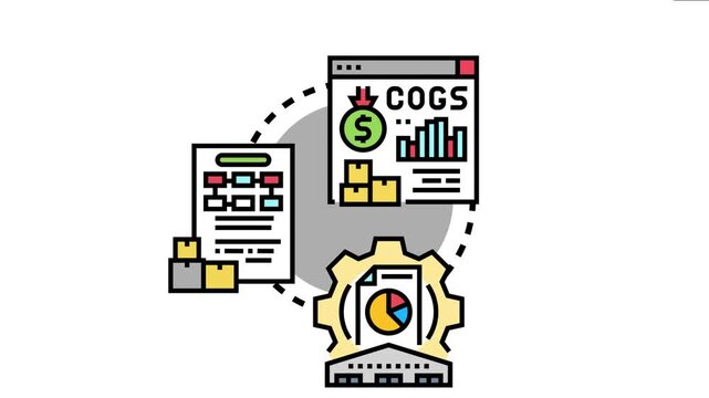 Supply chain management optimizing storage and expenditure, depicting financial charts, inventory lists, and a warehouse building within a circular process flow