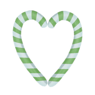 Green and white striped candy canes arranged in a heart shape isolated on white background