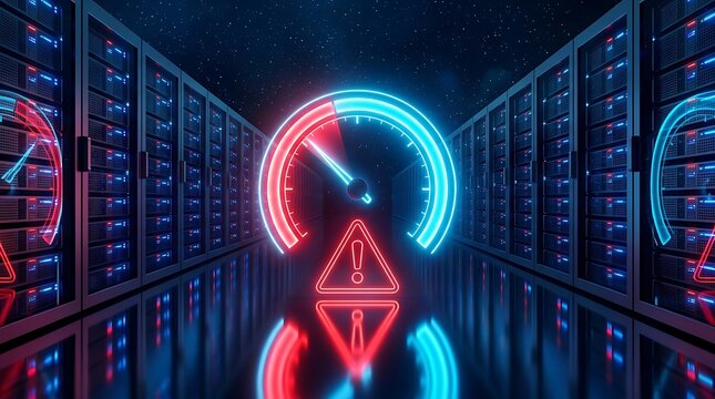 Symmetrical futuristic data center hallway with bright neon speed gauge and warning symbol highlighting network system overload or database crash emergency.