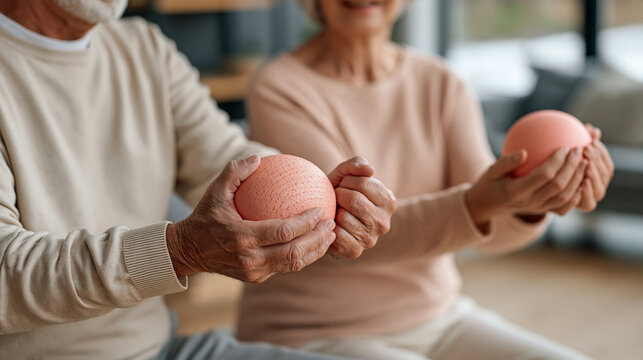 An elderly couple both performing simultaneous hand squeeze therapy with matching rehabilitation balls during a joint physiotherapy session, couples wellness, senior partnership