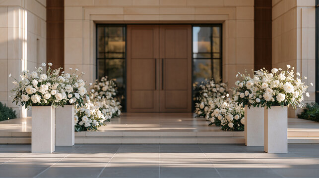 Wide view of a modern crematorium foyer with minimalist white floral tributes on pedestals lining a polished stone walkway leading to double doors, contemporary funeral design,