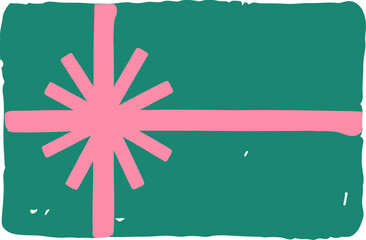Obraz premium Green gift box with pink ribbon bow doodle in naive folk style. Childish hand drawn Christmas elements series