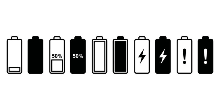 Battery status icons showing different charge levels and alerts