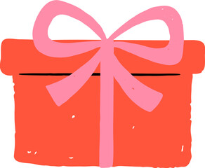 Obraz premium Red gift box with pink ribbon bow doodle in naive folk style. Childish hand drawn Christmas elements series