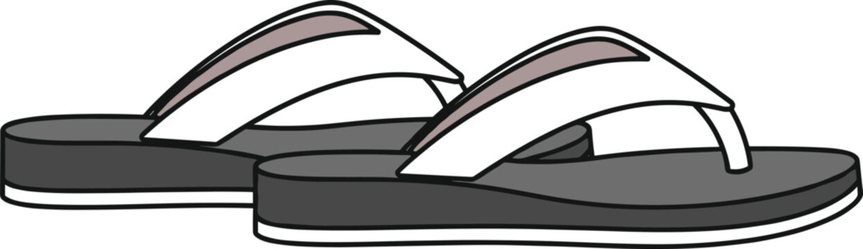 Casual flip‑flop sandals with black soles and white straps, pink inner lining, summer beach footwear illustration, comfortable warm weather fashion accessory design concept