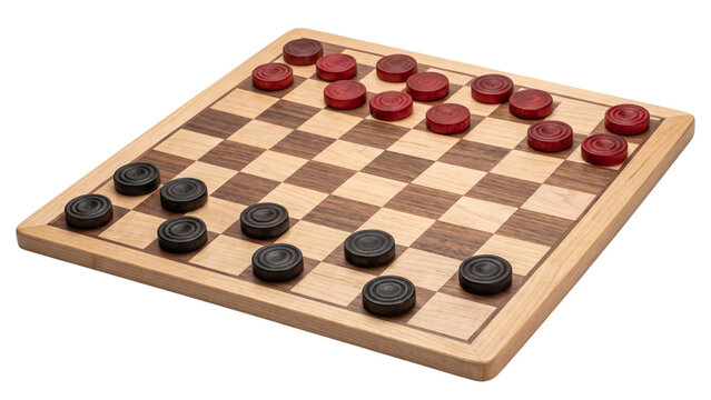 Wooden checkers board game with red and black pieces arranged for competitive strategy play