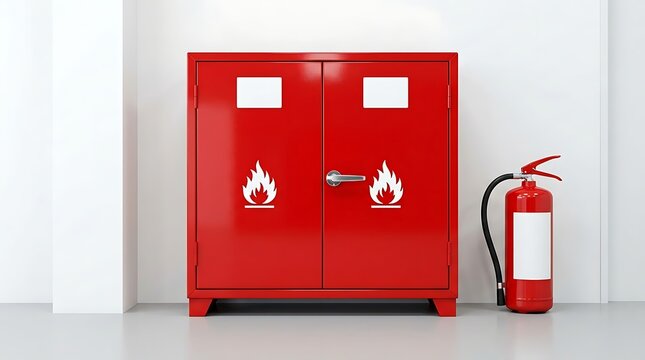 Bright red emergency fire cabinet with extinguishing equipment setup ready for occupational safety compliance and building hazard prevention management systems.