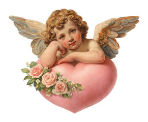 Fototapeta premium PNG Cherubic angel with heart roses