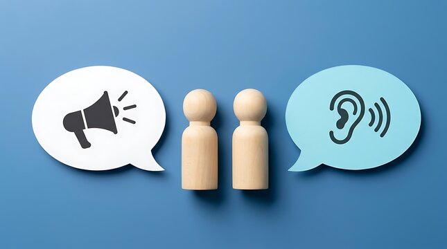 Two wooden peg dolls standing between loudspeaker and listening ear speech bubbles showcasing effective feedback loop communication concept in workplace environment.