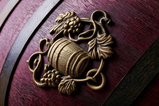 Antique wooden wine barrel featuring a decorative brass emblem with grape clusters and curling vine leaves, showcasing deep burgundy wood and dark metal hoops