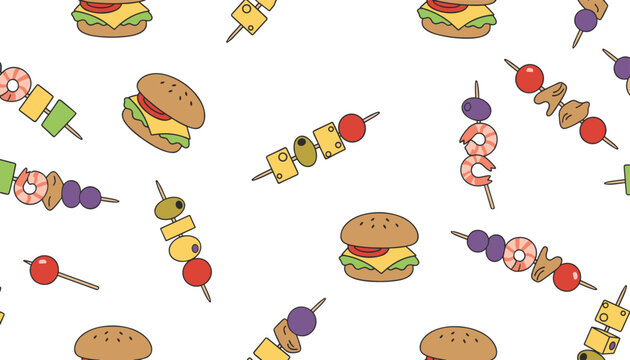 Food pattern with burgers and skewers featuring shrimp, tomatoes, cheese, olives, and meat on a white background for party menus.