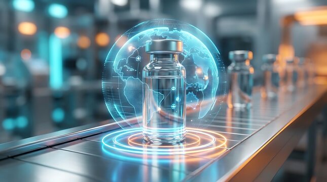 Pharmaceutical vial with global network overlay on sterile production line representing futuristic medicine manufacturing and distribution with blue and orange neon accents and light effects.