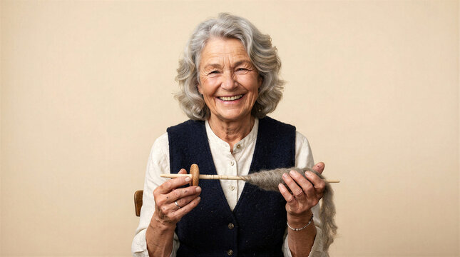 Smiling elderly woman with gray hair demonstrates spinning wool with a drop spindle
