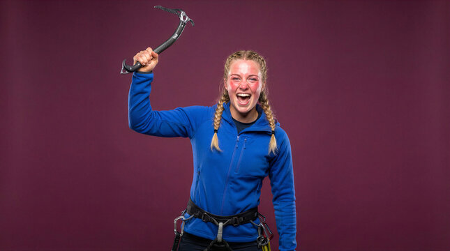 Triumphant woman climber raises ice axe in celebration after reaching summit