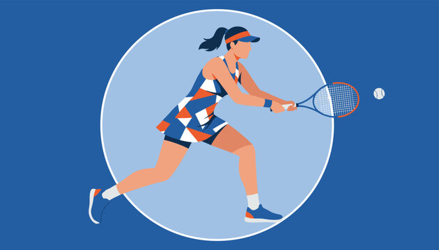 Athletic woman prepares to hit a backhand shot with her tennis racket during a match on a blue court background with a white circle frame.