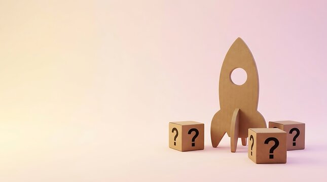 Cardboard rocket ship with three question mark cubes, representing startup idea, innovation, and unknown future possibilities.