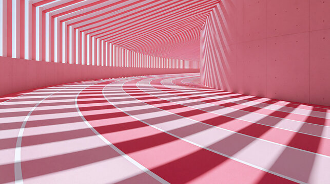 Sweeping curved pink running track stretches through arched roofed venue, striped sunlight casts long geometric shadows across lanes.