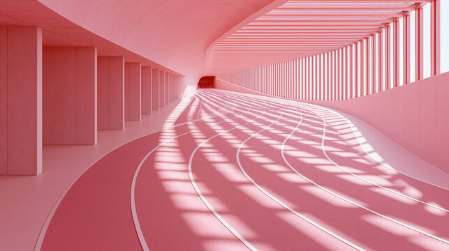Sweeping curved pink running track stretches through arched roofed venue, striped sunlight casts long geometric shadows across lanes.