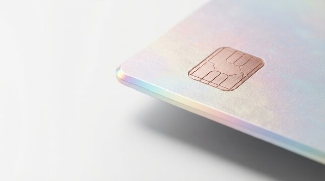 Close up of a metallic credit card with a chip on white background