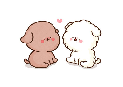 Cute toy poodle and maltese puppies gazing at each other with blushing cheeks, puppy love or affectionate couple concept