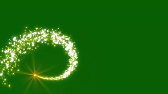 Glowing golden light sparks and particles flare,, glitter line transition on green screen background .  glowing doodle stars, star line path, flat vector doodles.4k video