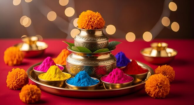 Traditional indian festival setup with colorful holi powder marigold flowers and a copper kalash on red background