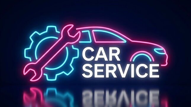 Car service neon sign with wrench and gear, automotive repair and maintenance business, workshop, dark background.