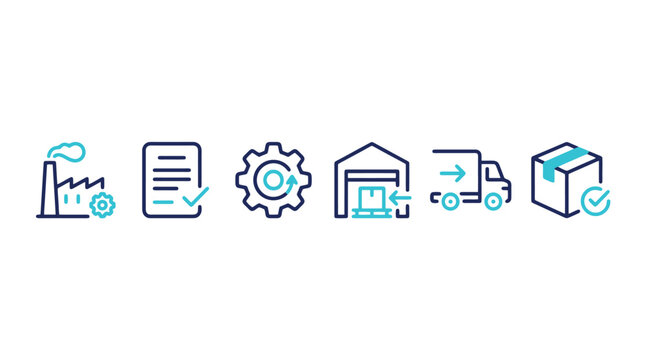 Industrial supply chain icons, logistics and manufacturing process vector set, warehouse and shipping line icons for business