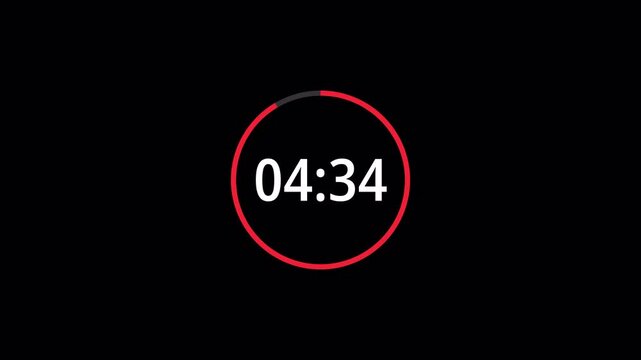 5 minutes countdown timer animation on transparent background. 4k video