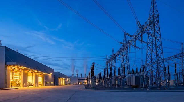 Modern electricity substation with high voltage power lines towers transformers and industrial buildings against blue evening sky with industrial smoke stacks in distance.