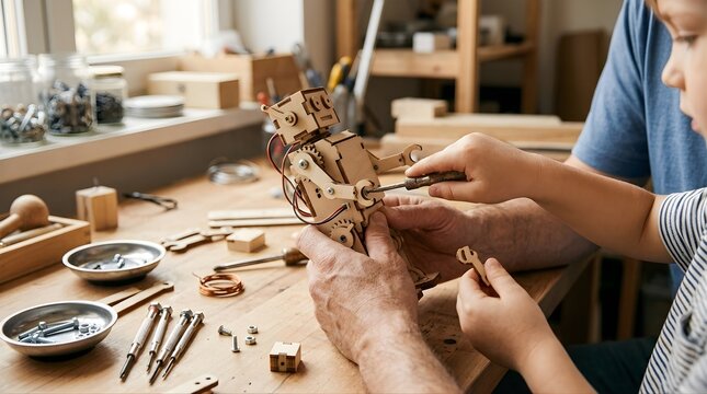 Father and son building a wooden toy robot together in a home workshop