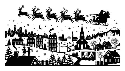 Fototapeta premium Santa Flying Sleigh Reindeer Vector Silhouette Christmas Winter Cityscape Landscape Isolated On White